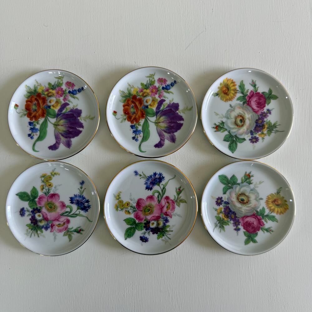 Vintage Furstenberg Germany Porcelain Floral Coasters Trinket Dishes Gold Set